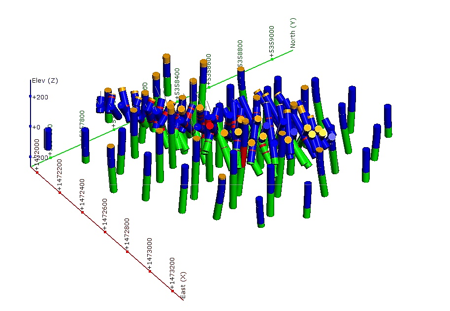 Furos de sondagem com indicação das litologias observadas na modelagem geológica 3d