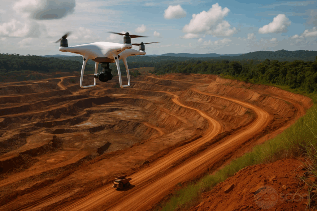 Imagem fictícia gerada por AI para representar o geoprocessamento com drones para mineração no Pará