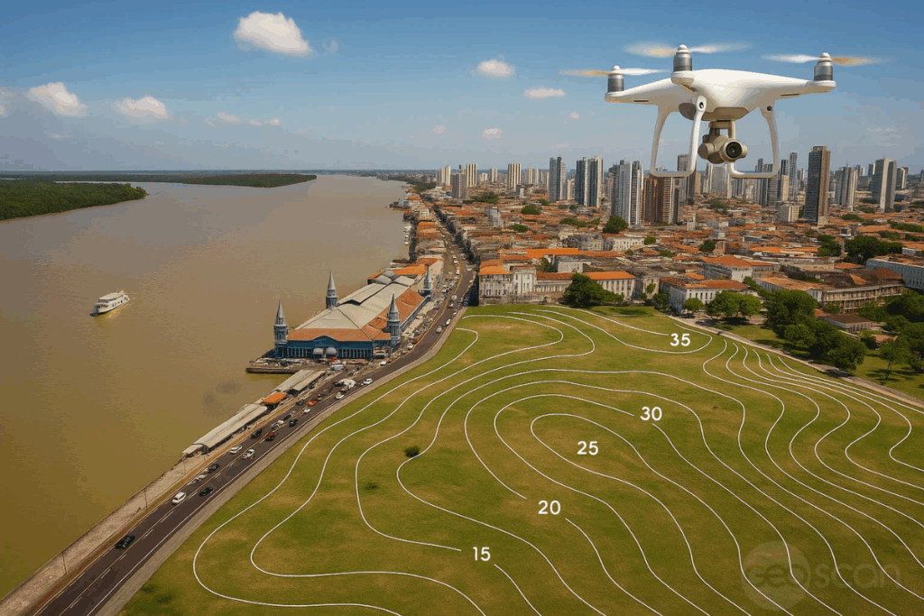 Imagem fictícia gerada por AI para representar a topografia com drone em Belém